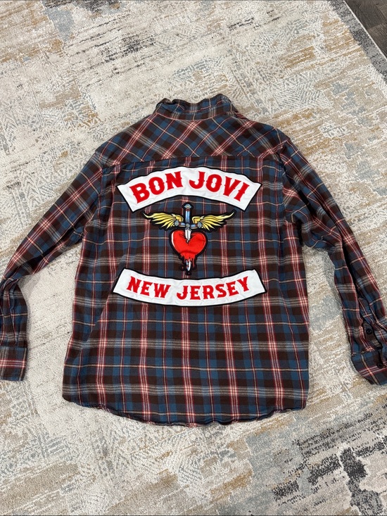 Bon Jovi Other - Plaid Button-Down Shirt in Red and Navy with Graphic Back Patch